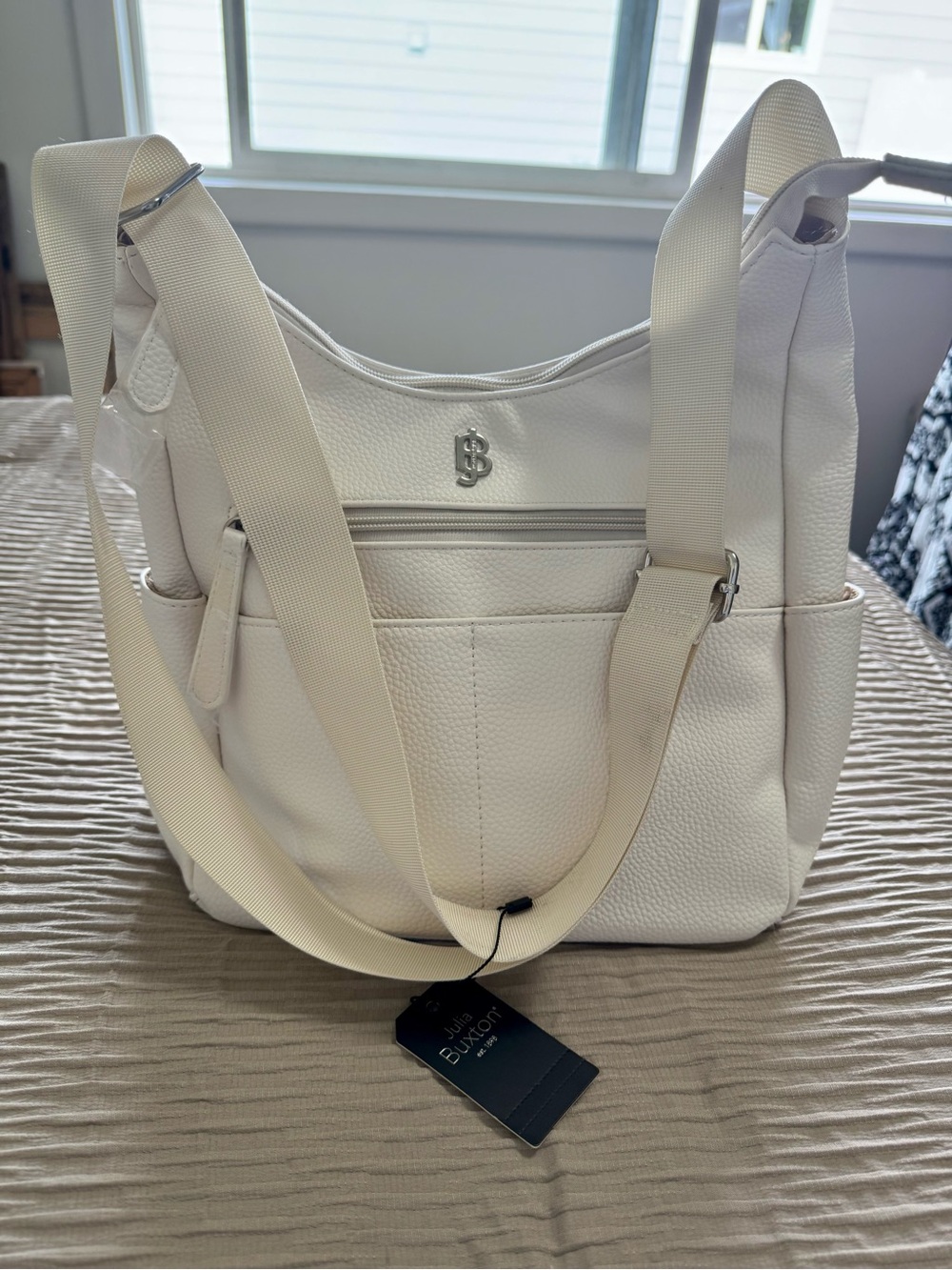 Julia Buxton White Pebbled Vegan Leather Shoulder Bag